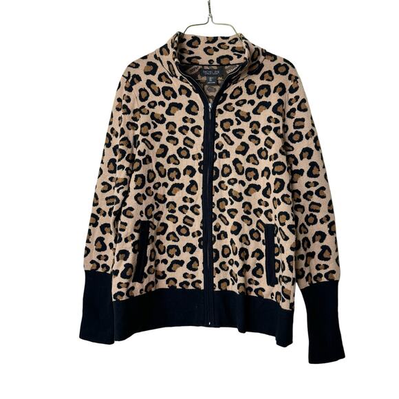 RACHEL ZOE Leopard Print Mock Neck Zip Front Cardigan Sweater Jacket Size LARGE - Picture 1 of 7
